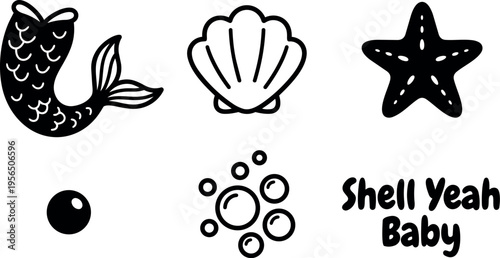 Line art sea icons set with shell starfish and text shell yeah baby