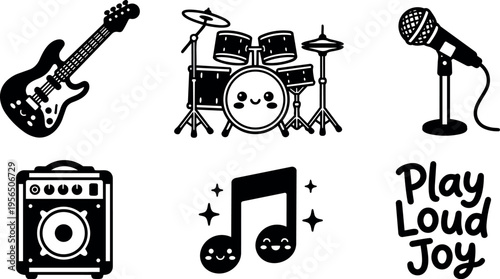 Vector icons of guitar drum set microphone amplifier and music note with play loud joy