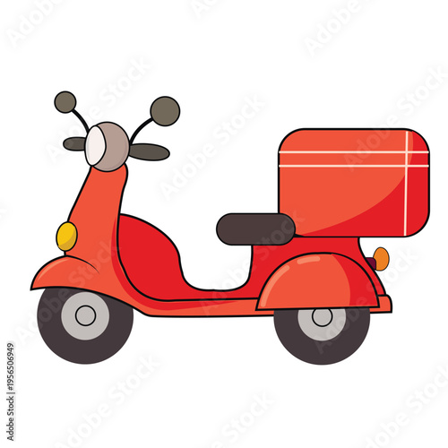 Vector illustration of a red scooter in a flat cartoon style. The classic retro moped with a luggage rack on the back is designed in bright colors, with simple shapes and a clear outline.