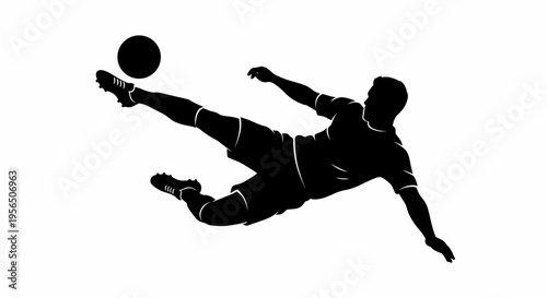Black silhouette of a male soccer player performing a bicycle kick isolated on white background