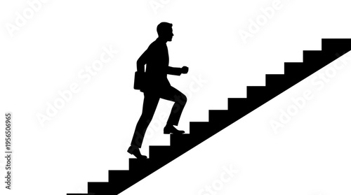 Black silhouette of a businessman climbing stairs carrying a briefcase isolated on white background