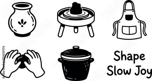 Vector line art kitchen icons vase grill apron hands and pot