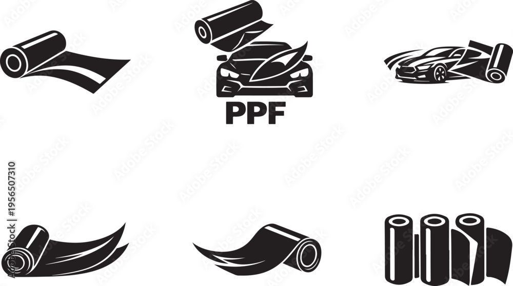 Fototapeta premium Car wrap icon set with PPF vinyl protection and vehicle graphics symbols vector isolated clean.