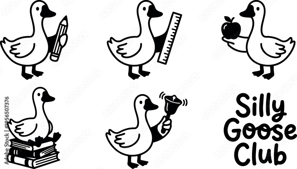Obraz premium Silly goose club line art set with playful goose icons for classroom design