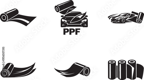Car wrap icon set with PPF vinyl protection and vehicle graphics symbols vector isolated clean.