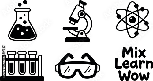 Vector line icons science lab set with beaker microscope atom and test tubes