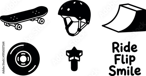 Vector line art skateboard helmet ramp and wheel icons with ride flip smile