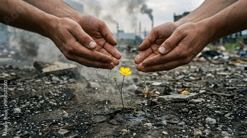Earth day Themed Image of a Human hand watering a a small plant with flower with Pollution emitting from factory in the background.