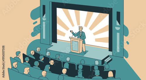 Public speaking event with a speaker on stage in front of an audience illustration