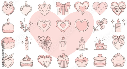 Pink heart shaped Valentines Day icons with cakes, bows, and candies in pastel line art on white background for love greeting card