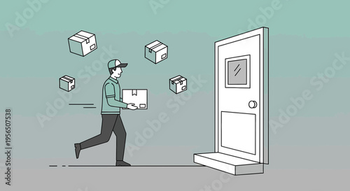 Quick delivery service illustration featuring a courier running towards a door with packages