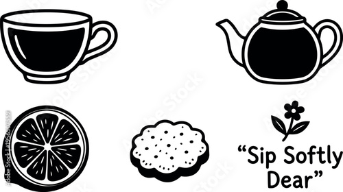 Vector line art tea set with teacup teapot lemon slice cookie and sip softly dear
