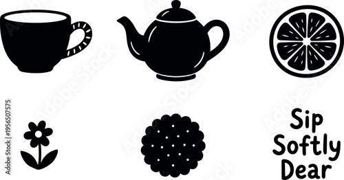 Vector art icons of tea cup teapot citrus slice flower berry and sip softly dear