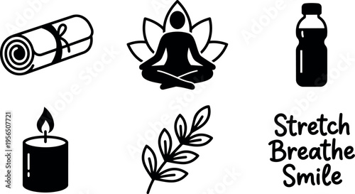 Minimal vector wellness icons featuring yoga lotus candle bottle leaf and candles