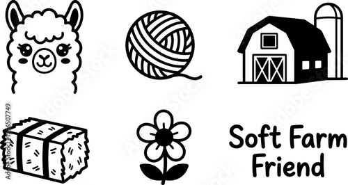 Vector art llama farm scene with yarn ball barn hay flower and soft farm friend