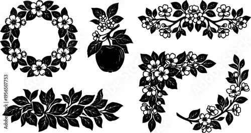 Black and white floral vector borders and wreaths for invitations and crafts