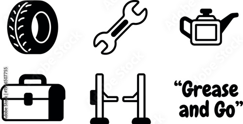 Vector icons of tire wrench oil can toolbox bench and grease and go