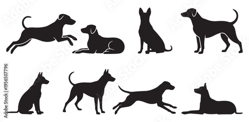 Playful dog silhouettes jumping and sitting behavior mix. vector illustration eps 10