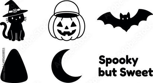 Halloween icon set with pumpkin bat cat witch and moon in black silhouette