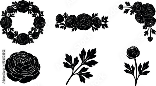 Floral vector set of six rose motifs including wreaths and stems in black