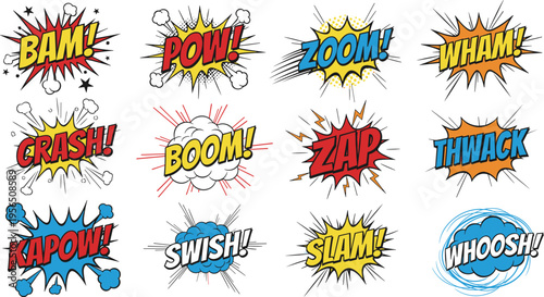 Retro Comic Book Sound Effects Collection Set With Bam Pow Zoom Boom And Zap Speech Bubbles Isolated On White Background