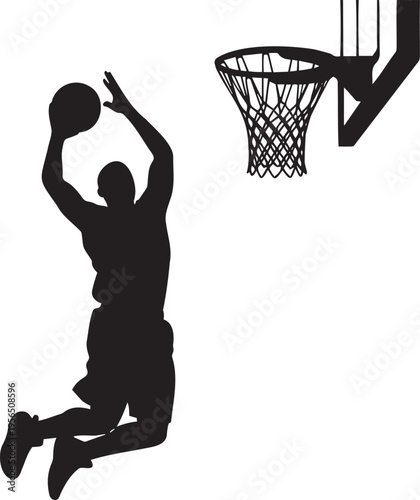 Dynamic black silhouette vector of a basketball player performing a slam dunk with a hoop and ball