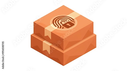 Isometric illustration of secure package delivery, featuring a biometric fingerprint and padlock icon on cardboard boxes, symbolizing data protection and confidential shipping.
