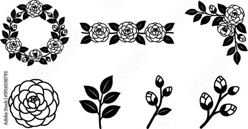 Floral vector wreath and garland with roses and leaves