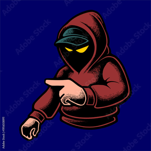 Mysterious Graffiti Artist Mascot in Red Hoodie Pointing Forward with Urban Street Art Style.