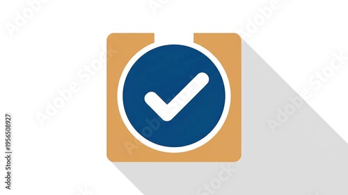 Flat design vector icon: white checkmark in blue circle on brown square with long shadow, symbolizing completion, success, approval, and verification.