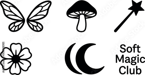 Bold line art vector of butterfly mushroom wand and flower with crescent moon and soft magic club