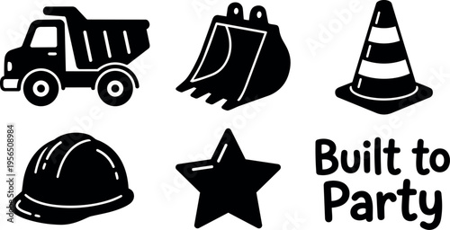 Construction icons set with dump truck bulldozer cone hard hat star and party text