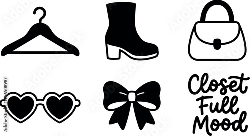 Fashion icons including hanger boot bag bow heart sunglasses and mood text