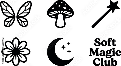 Line art vector icons butterfly mushroom wand flower moon stars soft magic club