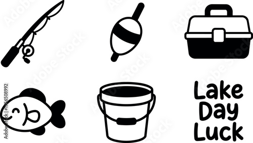 Vector art fishing icons set including fishing rod bobber tackle box and lake day luck
