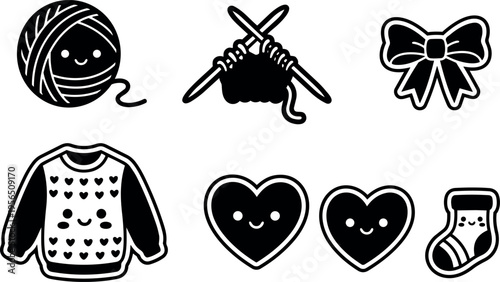Knitting icons black and white featuring yarn ball knitting needles bow sweater hearts and sock