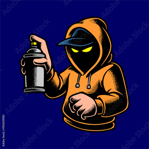 Cool Graffiti Mascot Illustration Featuring Orange Hoodie Character Ready to Paint Street Mural.