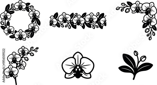 Orchid floral vector set with circular wreaths and decorative stems for logos