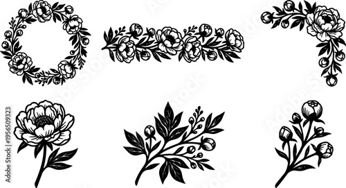 Floral vector elements set including wreaths and stems for decorative designs and embellishments