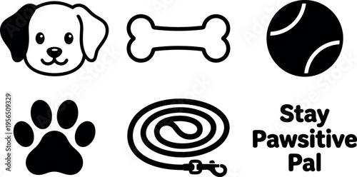 Dog face with bone ball paw print stay pawsitive pal illustration monochrome