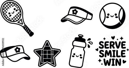 Hand drawn sports doodles in black and white racket cap ball star bottle and text