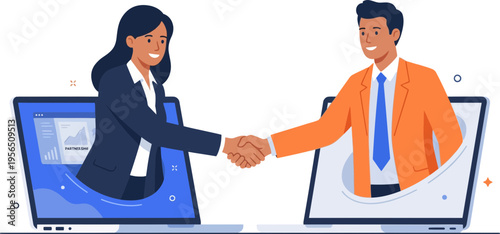 Business partners shaking hands over laptops in modern office setting