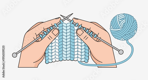 Close-up of hands knitting a blue and white patterned fabric with knitting needles and a ball of yarn.