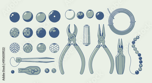 Flat lay of jewelry making tools and supplies, including various beads, pliers, wires, and a partially crafted beaded bracelet.