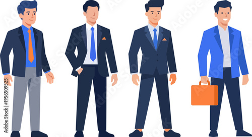 Four confident businessmen in modern professional attire standing