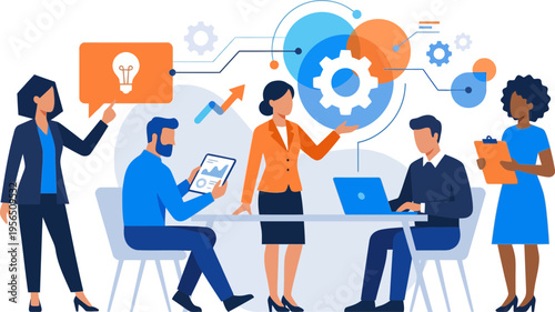 Diverse team collaborating on innovative business ideas in modern office