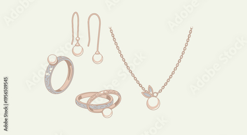 Elegant collection of jewelry pieces, including a ring, pearl earrings, and a delicate necklace, on a soft background.