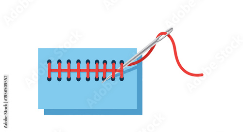 Needle with red thread stitching through blue material, demonstrating a sewing or lacing technique, isolated white background.
