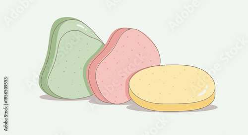 Three soft, colorful, and organically shaped sponges in green, pink, and yellow hues.