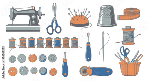Comprehensive collection of various sewing and tailoring tools, including a sewing machine, threads, scissors, and buttons.